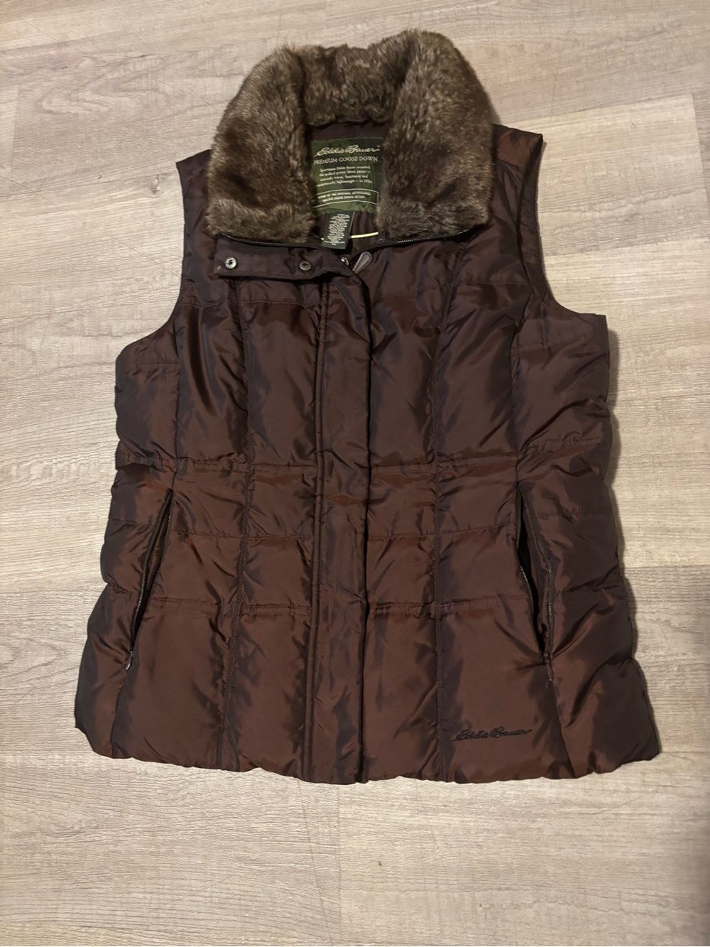 Eddie Bauer Womens M Goose Down Puffer Vest Brown Faux Fur Collar Winter Snow